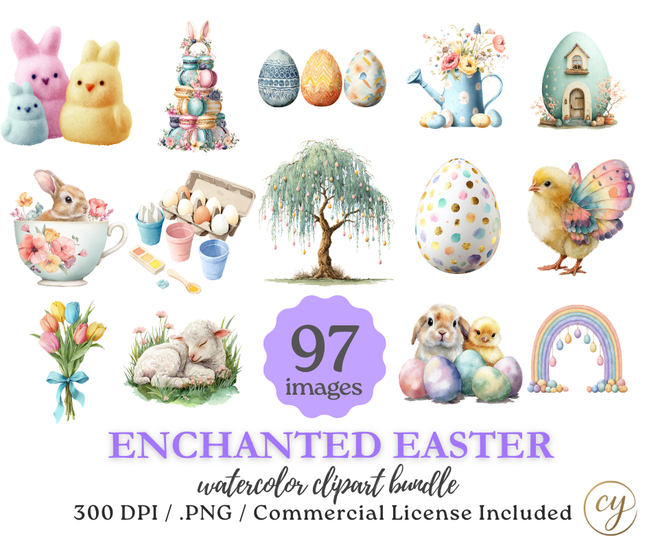 Enchanted Easter Watercolor Clip Art Bundle – 97 Pastel Spring PNG Graphics – Commercial Use Included
