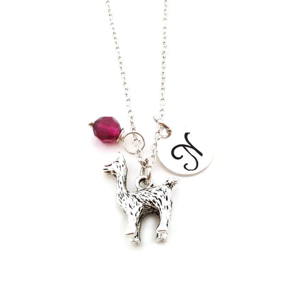 Personalized Llama Necklace – Sterling Silver Chain with Birthstone & Initial