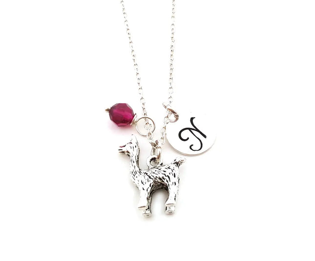 Personalized Llama Necklace – Sterling Silver Chain with Birthstone & Initial