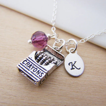 Personalized Crayon Necklace – Sterling Silver Chain with Birthstone & Initial