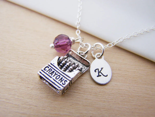 Personalized Crayon Necklace – Sterling Silver Chain with Birthstone & Initial