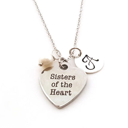 Sisters of the Heart Necklace – Stainless Steel Charm on Sterling Silver Chain with Birthstone & Initial