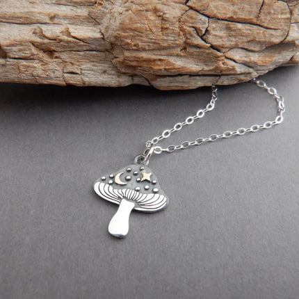 Mushroom & Moon Necklace – Sterling Silver with Bronze Crescent and Star, 18" Chain