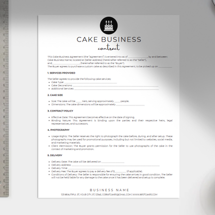 Cake Business Contract Template – 3-Page Editable Canva Form (Instant Download)