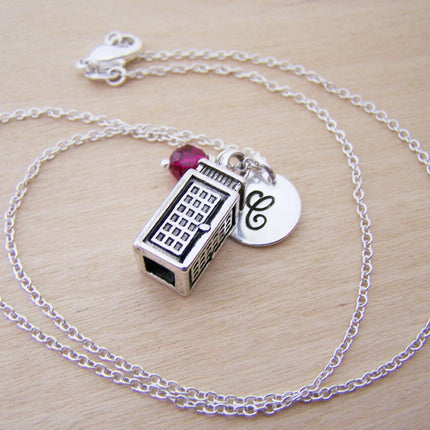 Police Box - Phone Booth Necklace – Sterling Silver with Birthstone & Initial Charm