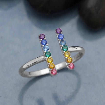 Adjustable Rainbow Bar Ring – Sterling Silver with Nano Gems