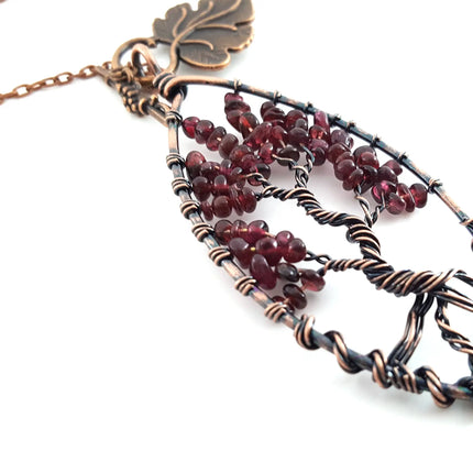Garnet Tree of Life Pendant Necklace – Copper Wire Wrapped, 32 Inch Chain