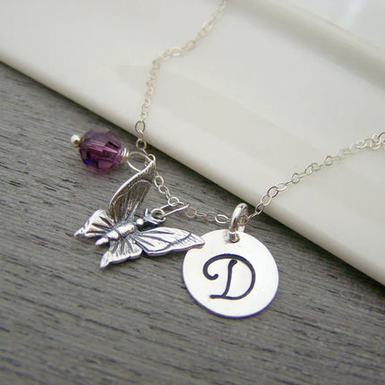 Personalized Butterfly Necklace – Solid Sterling Silver Charm with Birthstone & Initial