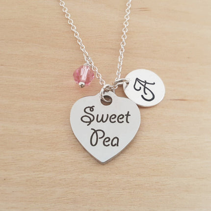 Sweet Pea Necklace – Sterling Silver with Birthstone & Initial Charm
