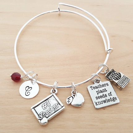#1 Teacher Bracelet – Adjustable Bangle with Birthstone & Initial