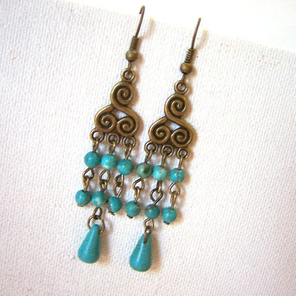 Turquoise and Antiqued Brass Dangle Earrings – Handcrafted, 2.5 Inch