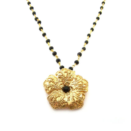 Gold Flower Black Onyx Gemstone Ornate Vintage Inspired OOAK Gold Filled Wire Wrapped Necklace