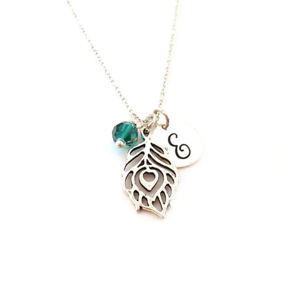 Peacock Feather Necklace – Sterling Silver with Birthstone & Initial Charm