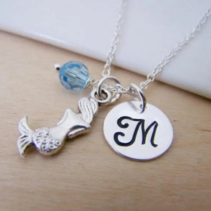 Mermaid Necklace – Sterling Silver with Birthstone & Initial Charm