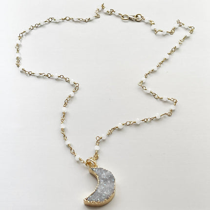 Druzy Moon Necklace – Gold Plated on White Rosary Chain, 21 Inch