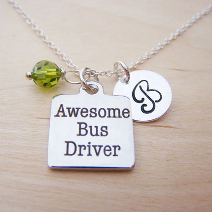 Personalized Bus Driver Necklace – Sterling Silver Chain with Birthstone & Initial