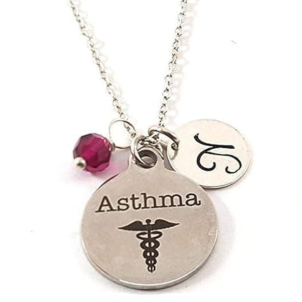Asthma Medical Alert Necklace – Stainless Steel Caduceus Charm Sterling Silver Chain – Personalized Initial Birthstone Jewelry