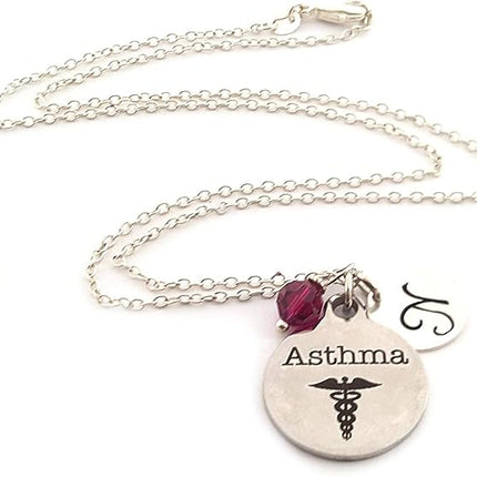 Asthma Medical Alert Necklace – Stainless Steel Caduceus Charm Sterling Silver Chain – Personalized Initial Birthstone Jewelry