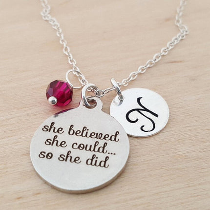 “She Believed She Could So She Did” Necklace – Stainless Steel Charm with Sterling Silver Chain, Birthstone & Initial
