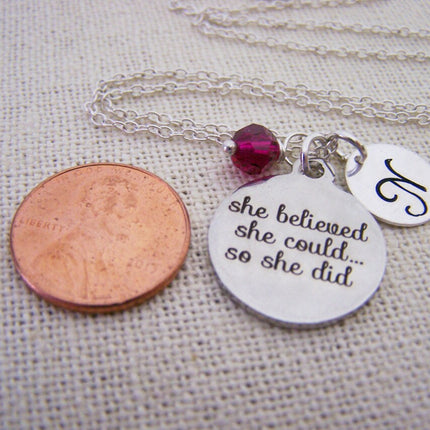 “She Believed She Could So She Did” Necklace – Stainless Steel Charm with Sterling Silver Chain, Birthstone & Initial