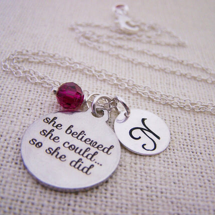 “She Believed She Could So She Did” Necklace – Stainless Steel Charm with Sterling Silver Chain, Birthstone & Initial
