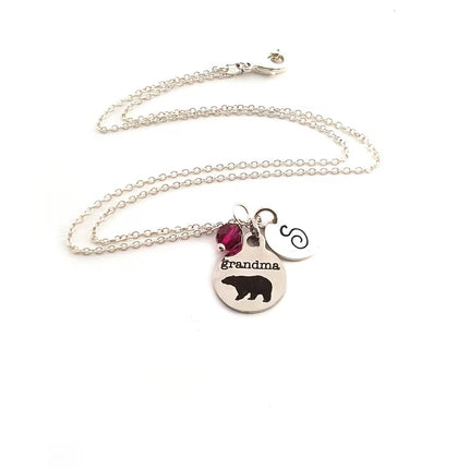 Grandma Bear Necklace – Sterling Silver with Birthstone & Initial Charm