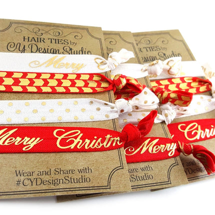 Christmas Holiday Gold Foil Hair Ties Set - Stocking Stuffer
