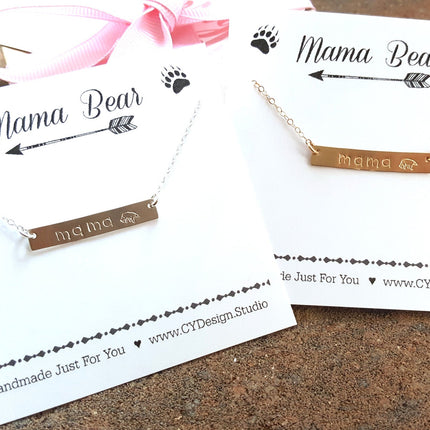 Mama Bear Hand Stamped Bar Necklace
