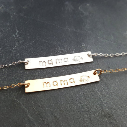 Mama Bear Hand Stamped Bar Necklace