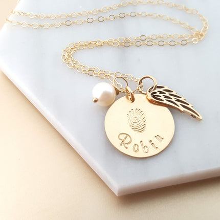 Fingerprint Custom Name Disc Memorial Angel Wing Necklace - 14k Gold Filled Jewelry - Personalized Necklace - Gift For Her