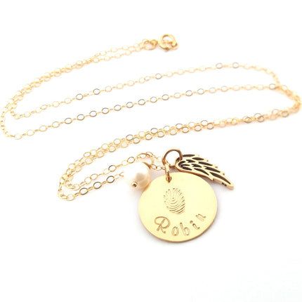 Fingerprint Custom Name Disc Memorial Angel Wing Necklace - 14k Gold Filled Jewelry - Personalized Necklace - Gift For Her