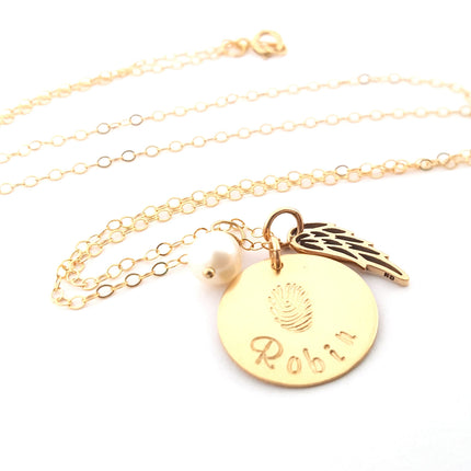 Fingerprint Custom Name Disc Memorial Angel Wing Necklace - 14k Gold Filled Jewelry - Personalized Necklace - Gift For Her