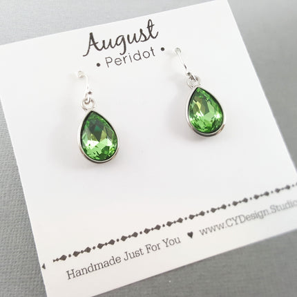 August Birthstone Earrings – Peridot Crystal Teardrop Earrings, Sterling Silver Ear Wires, Handmade Gift