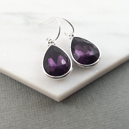 February Birthstone Earrings - Amethyst Crystal Sterling Silver Teardrop Earrings