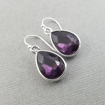 February Birthstone Earrings - Amethyst Crystal Sterling Silver Teardrop Earrings