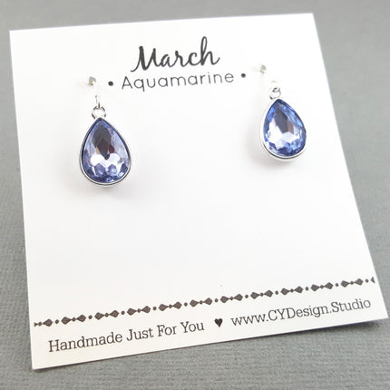 March Birthstone Earrings - Aquamarine Crystal Sterling Silver Teardrop Earrings