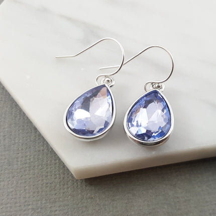 March Birthstone Earrings - Aquamarine Crystal Sterling Silver Teardrop Earrings