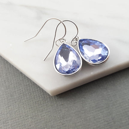 March Birthstone Earrings - Aquamarine Crystal Sterling Silver Teardrop Earrings
