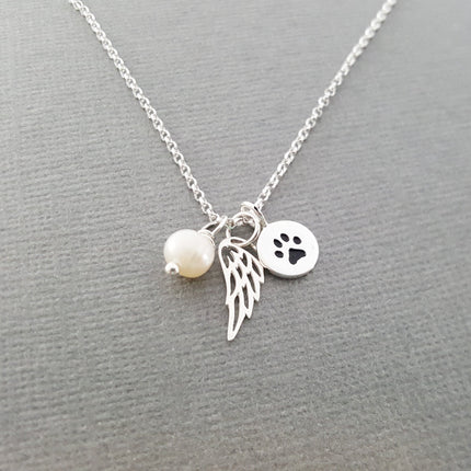 Paw Print Angel Wing Memorial Necklace - Pet Loss Necklace - Sterling Silver - Memorial Jewelry