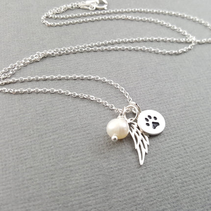 Paw Print Angel Wing Memorial Necklace - Pet Loss Necklace - Sterling Silver - Memorial Jewelry