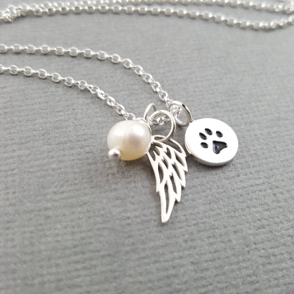 Paw Print Angel Wing Memorial Necklace - Pet Loss Necklace - Sterling Silver - Memorial Jewelry