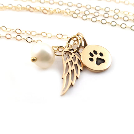 Paw Print Angel Wing Memorial Necklace - Pet Loss Necklace - 14k Gold Filled - Memorial Jewelry