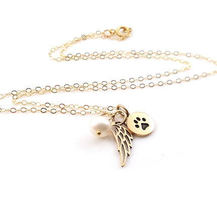 Paw Print Angel Wing Memorial Necklace - Pet Loss Necklace - 14k Gold Filled - Memorial Jewelry