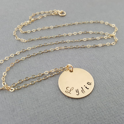 Mom Necklace - Custom Hand Stamped Name Disc Gold Necklace - 14k Gold Filled Jewelry