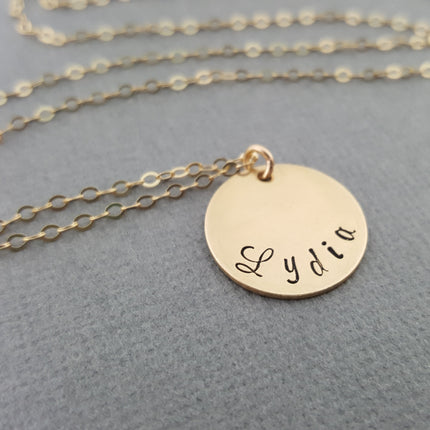 Mom Necklace - Custom Hand Stamped Name Disc Gold Necklace - 14k Gold Filled Jewelry
