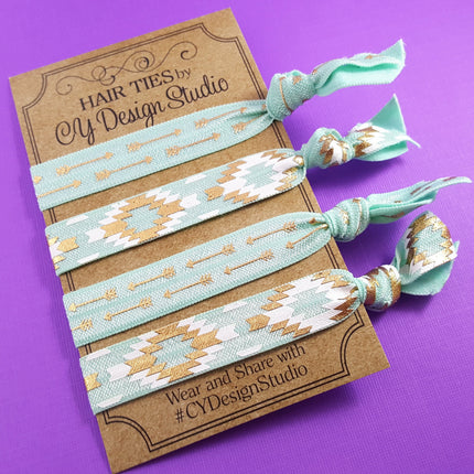 Tribal Pattern Hair Ties Set -Teal Hair Tie Gift Set - Arrows  - Gold Foil -  Ouchless Hairties - Party Favors