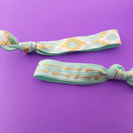 Tribal Pattern Hair Ties Set -Teal Hair Tie Gift Set - Arrows  - Gold Foil -  Ouchless Hairties - Party Favors