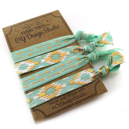 Tribal Pattern Hair Ties Set -Teal Hair Tie Gift Set - Arrows  - Gold Foil -  Ouchless Hairties - Party Favors