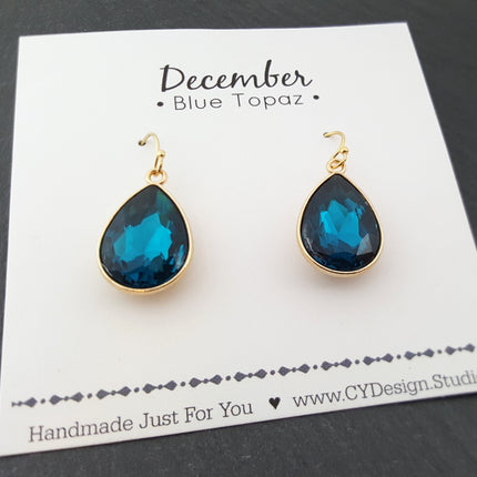 December Birthstone Blue Topaz Crystal Gold Filled Earrings