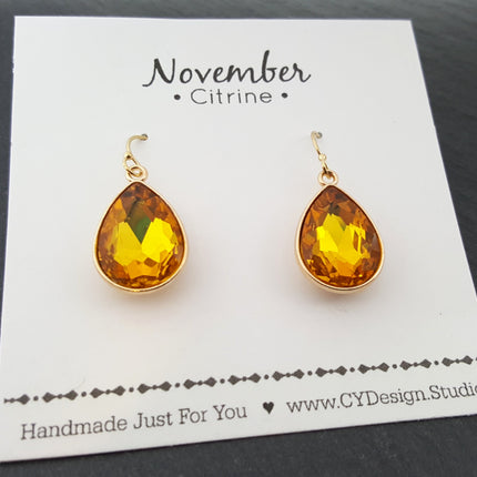 November Birthstone Earrings – Citrine Teardrop Crystal Earrings – 14k Gold Filled Dangle Earrings Gift for Her